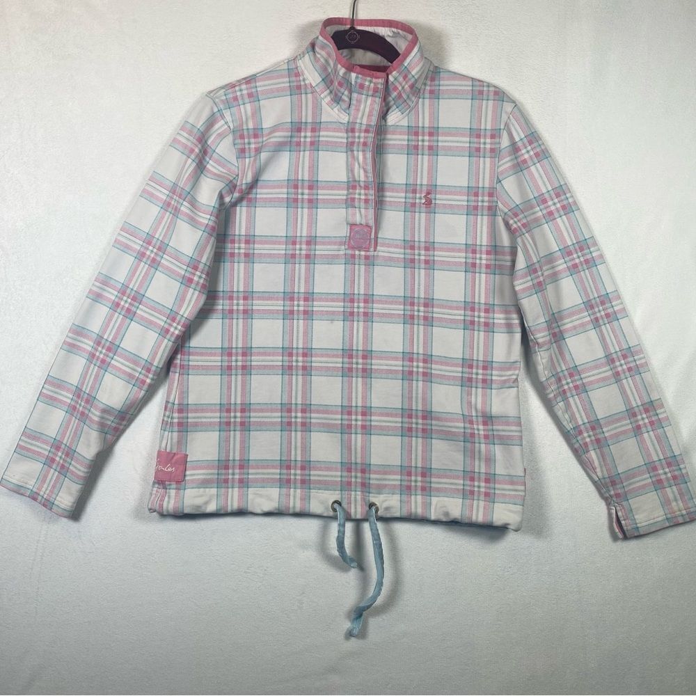 Joules Plaid Pink White Teal Long Sleeve Stand Up Collar 1/4 Button Up Size 8